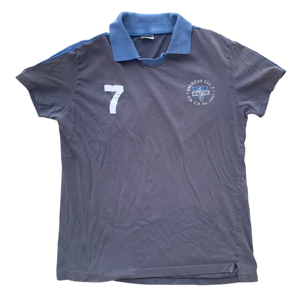 VTG Inspired American Eagle Athletics 7 Polo Shirt Gray Blue Distressed Large